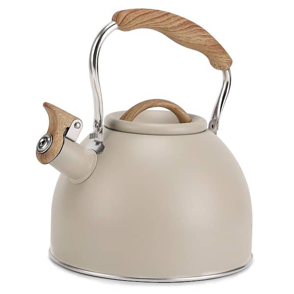12-Cup Milk White Stainless Steel Whistling Stovetop Tea Kettle with Wood Pattern Folding Handle, Tea Pot for Stove Top