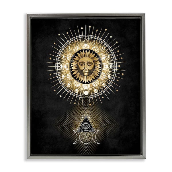 Stupell Industries Astral Symbols and Sun by Oliver Jeffries Gray Floater Frame Religious Graphic Art Print 31 in. x 25 in.