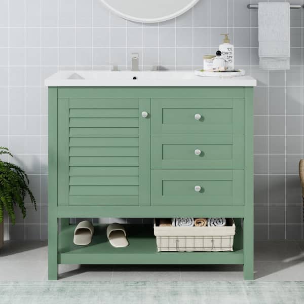 Staykiwi 36 in. W x 18 in. D x 34 in. H Single Sink Freestanding Bath Vanity in Green with White Cultured Marble Top