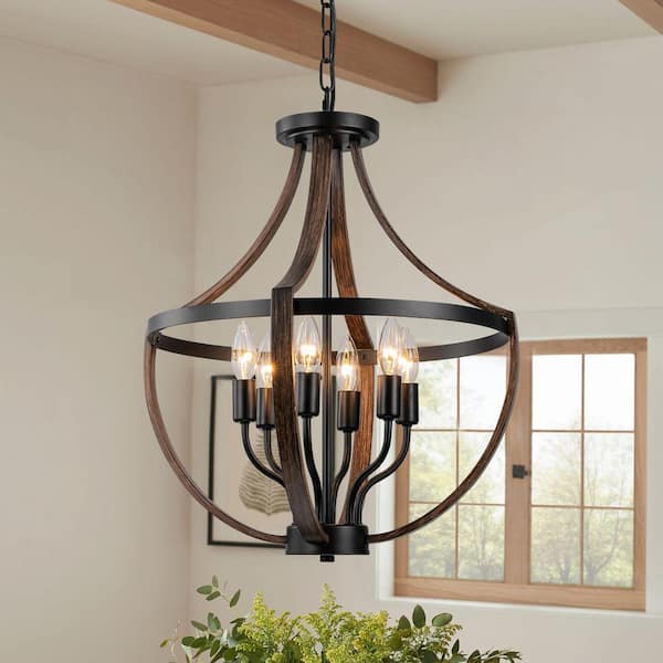 6 Lights Brown Lantern Hanging Pendant Light Black and Brown 18.5 in. Geometric Flush Mount Ceiling Light