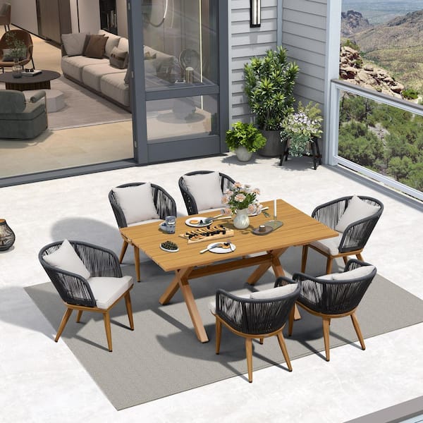 Teak-Finish 7-Piece Wicker Square Aluminum Frame Outdoor Dining Set and Pillows with Beige Cushions