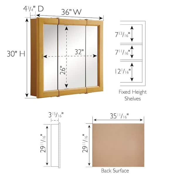 Design House Richland 36 in. W x 30 in. H x 4-4/5 in. D Framed Tri-View Surface-Mount Bathroom Medicine Cabinet in Nutmeg Oak