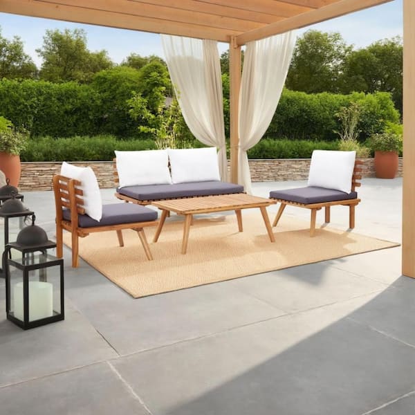 Roma 4-Piece Acacia Wood Outdoor Sofa Sectional Set with White Cushion and Coffee Table