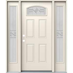 60 in. x 80 in. Right-Hand Camber Top Caldwell Decorative Glass Primed Steel Prehung Front Door with Sidelites