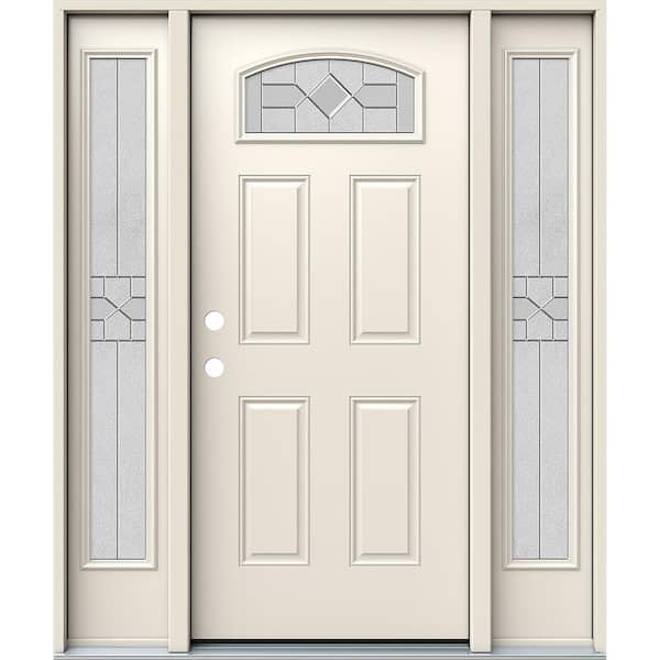JELD-WEN 60 in. x 80 in. Right-Hand Camber Top Caldwell Decorative Glass Primed Steel Prehung Front Door with Sidelites