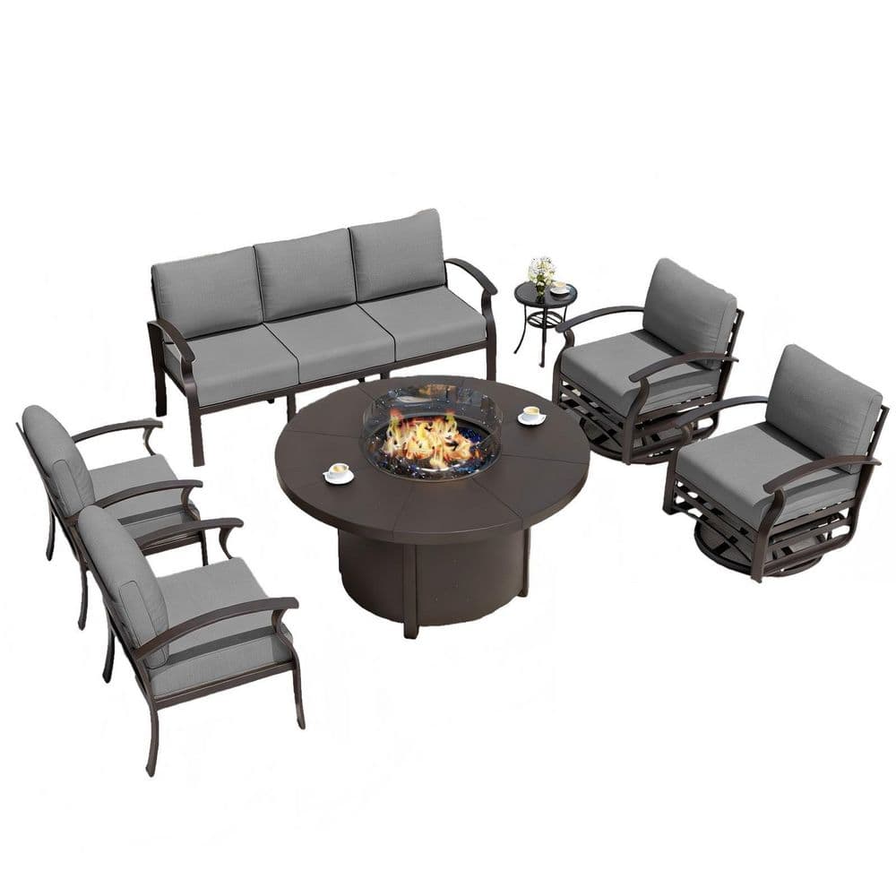 7-Piece Outdoor Aluminum Patio Conversation Set, with 2 Swivel Rocking Chairs and Round fire pit table, Gray Cushions price history on PriceWatchPro