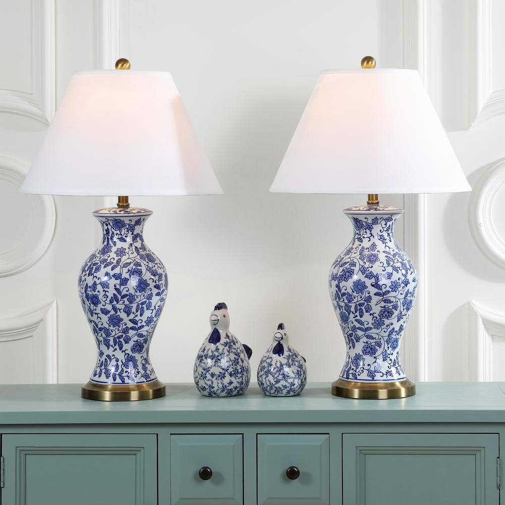 Beijing Blue and White Floral Urn Ceramic Table Lamp Set, 29"