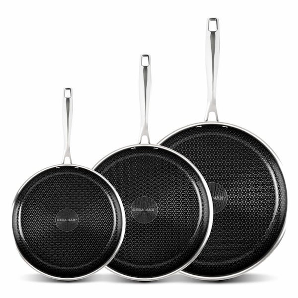3-Piece Stainless Steel/Black Tri-Ply Micro Textured Ceramic Etched Design Nonstick Skillet Set (8 in. 10 in. 12 in.)