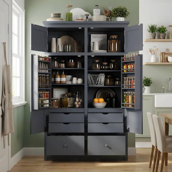 Gray Wood 74.8 in. Tall Kitchen Pantry Storage Cabinet with 8-Door Shelves, 4-Pull-out Trays and 6 Drawers