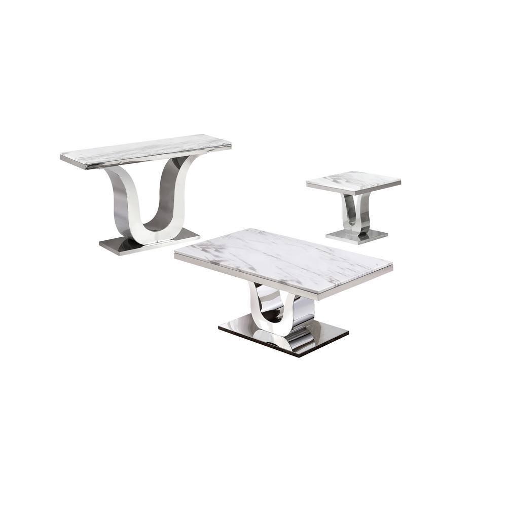 White Marble and Silver Stainless Steel 3-Piece Coffee Table Set