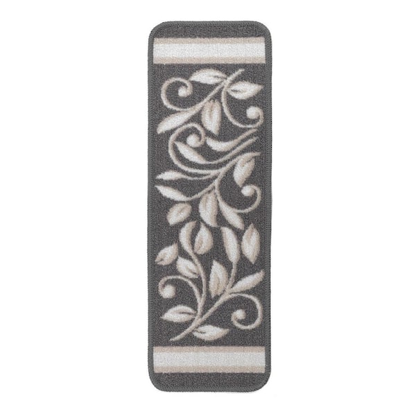 Beverly Rug New Grey 8.5 in. x 26 in. Floral Non-Slip Stair Tread Cover (Set of 8)