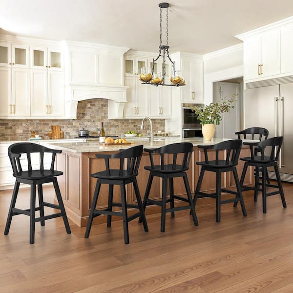 Black Classic Windsor 37.4 in. Swivel Barstool Solid Wood Counter Height Stool with Thicked Spindle Back Set of 6