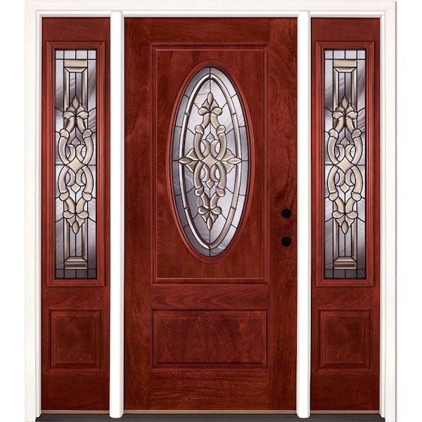 Feather River Doors 67.5 in.x81.625in.Silverdale Patina 3/4 Oval Lt Stained Cherry Mahogany Lt-Hd Fiberglass Prehung Front Door w/Sidelites
