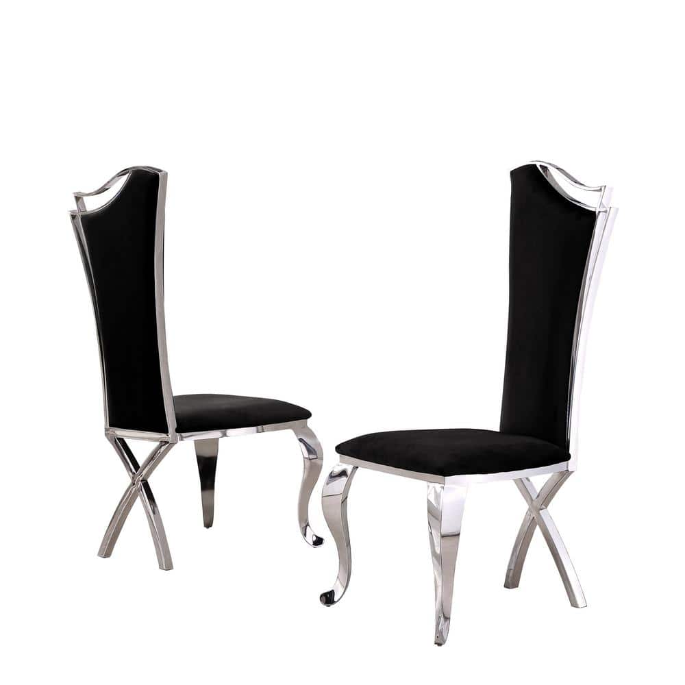 Tall Black Velvet Side Chair with Silver Metal Frame
