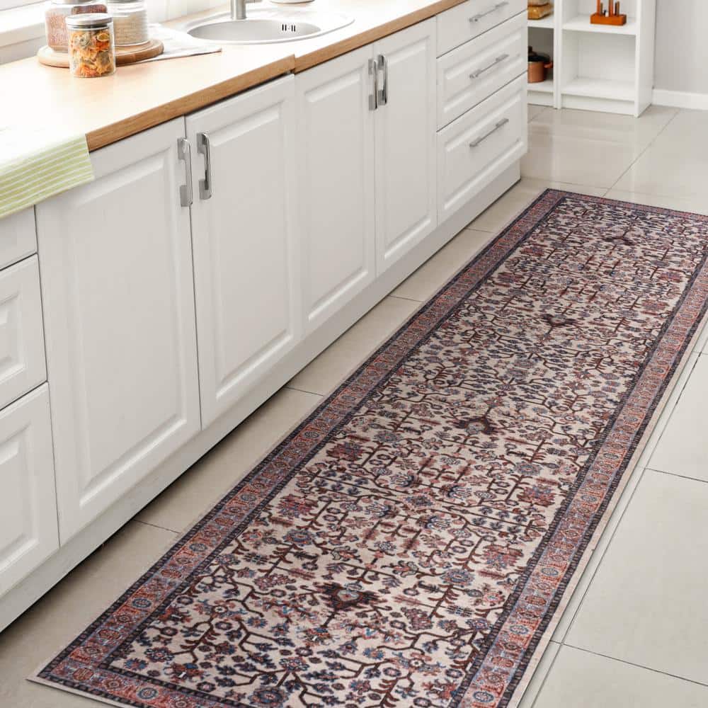 Kemer Persian Chenille Beige/Red/Blue 2' x 8' Washable Runner Rug