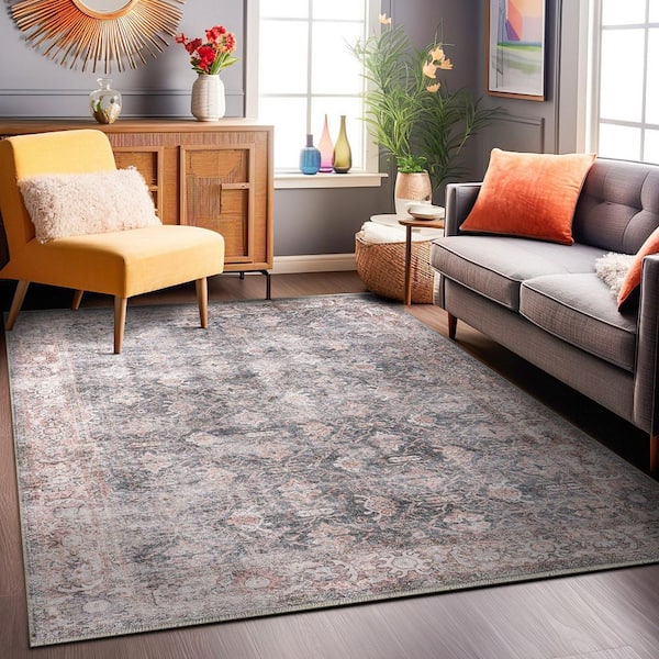 Vintage Inspired Bordered Machine Washable Charcoal 10 ft. x 14 ft. Area Rug