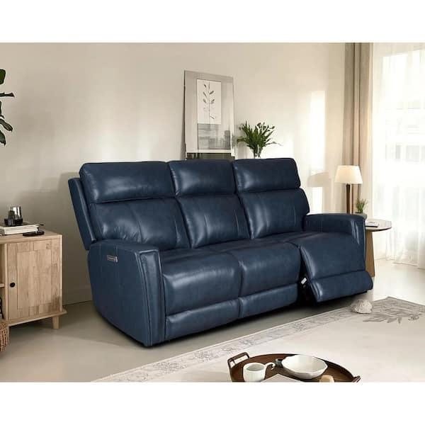 Ellesophas Alsa 83 in. Pillow Top Arm Leather Rectangle Power Reclining Sofa with Zero Gravity Headrest and Footrest in Dark Blue