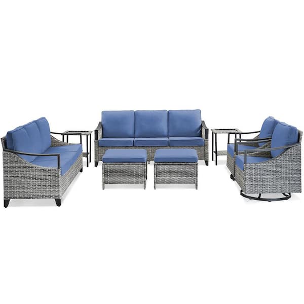 Buenaola 8-Piece Metal Wicker Patio Conversation Set with Swivel Glider, Outdoor Deep Seating Couch Set with Blue Cushions
