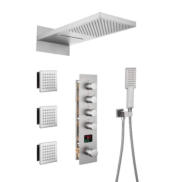 Mondawe Luxury Temperature Display 4-Spray Patterns Thermostatic 22 in. Wall Mount Dual Shower Heads with 3-Jet in Brush Nickel