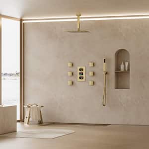 3-Spray 12 in. Ceiling Mount Dual Fixed and Handheld Shower Head 2.5 GPM and LCD Display with Valve in Brushed Gold