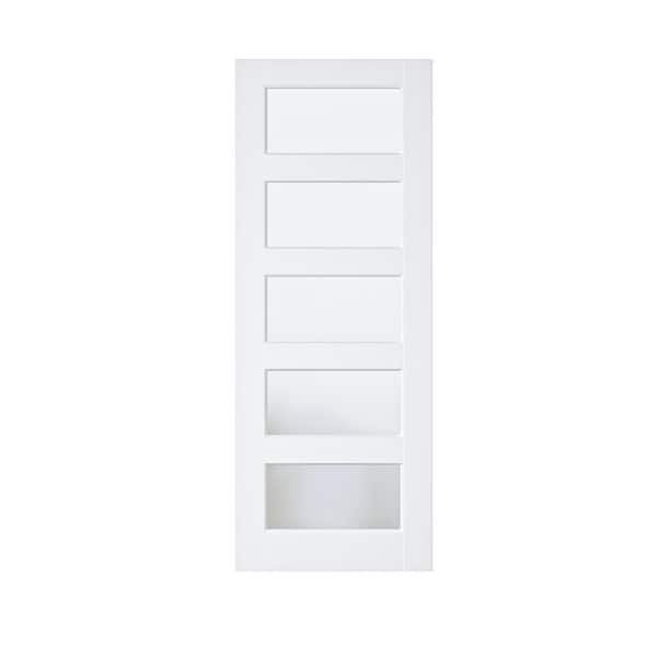 28 in. x 80 in. Solid Core 5-Lite Tempered Frosted Glass White Primed MDF Interior Door Slab