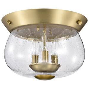 Boliver 13.5 in. 3-Light Vintage Brass Traditional Flush Mount with Clear Seeded Glass Shade and No Bulbs Included