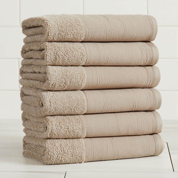 Stone Ultra-Soft Cotton Linen-Like Border 6 Pack Hand Towel Set