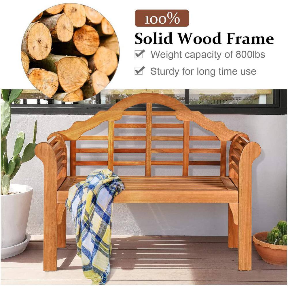 Eucalyptus wood bench with an infographic about the solid wood frame.