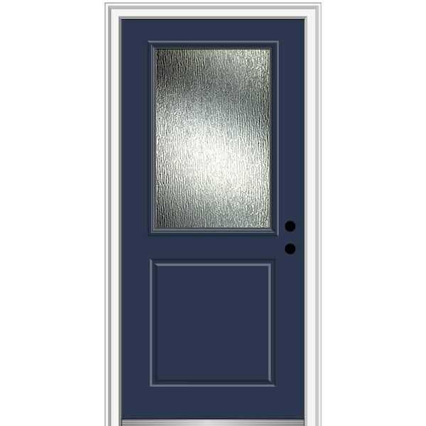 MMI DOOR Rain Glass 32 in. x 80 in. Left-Hand/Inswing Painted Revival Blue Fiberglass Prehung Front Door on 6-9/16 in. Frame