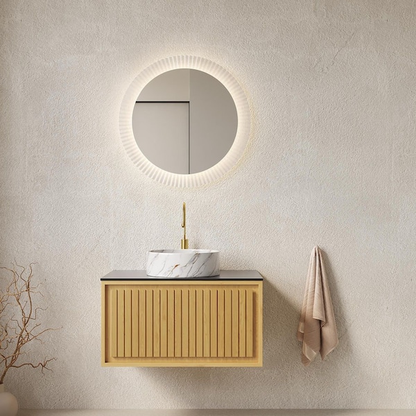 30 in. W x 19 in. D x 21 in. H Wall-Mounted Bath Vanity in Light Oak with Black Sintered Stone Top