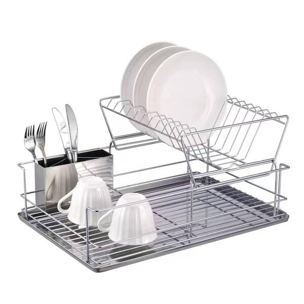 Aoibox Detachable 2-Tier Dish Drying Rack, Stainless Steel Dish Rack with Drainboard Cutlery Holder, Kitchen Dish Organizer