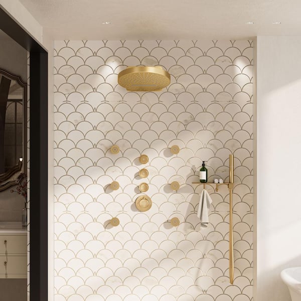 Dual Showers 4-Spray Patterns 12.6 in. Round Wall Mounted Fixed and Handheld Shower Head 1.8 GPM in Brushed Gold