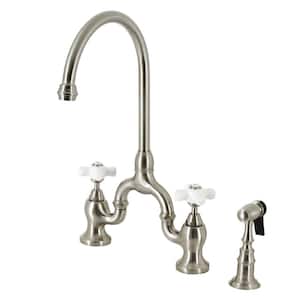 English Country Double-Handle Deck Mount Gooseneck Bridge Kitchen Faucet with Brass Sprayer in Brushed Nickel