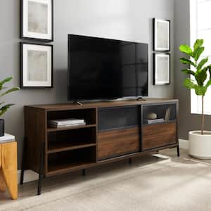 70 in. Dark Walnut Wood and Metal TV Stand with Sliding Metal Mesh Doors (Max tv size 80 in.)
