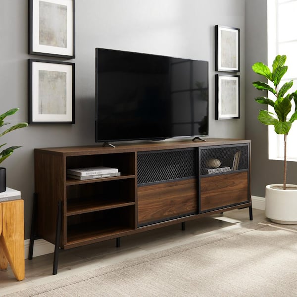 Welwick Designs 70 in. Dark Walnut Wood and Metal TV Stand with Sliding Metal Mesh Doors (Max tv size 80 in.)