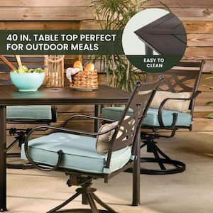 Lavallette Black Steel 7-Piece Outdoor Dining Set with Umbrella, Base and Ocean Blue Cushions