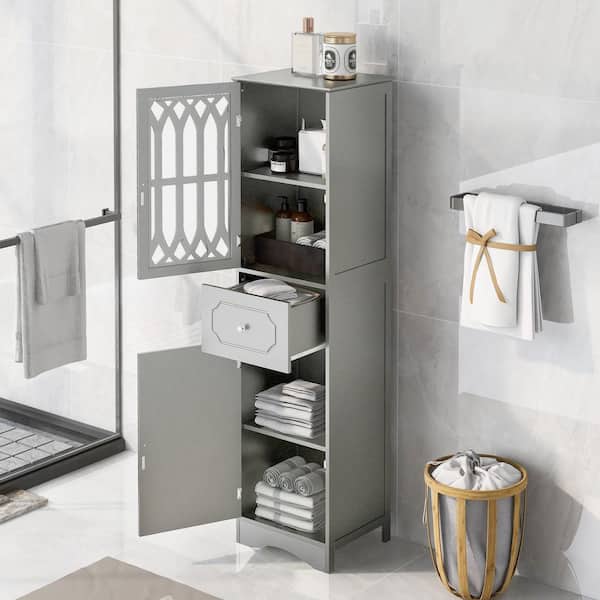 Gymax Tall Slim Bathroom Storage Cabinet Linen Tower w/ Drawer