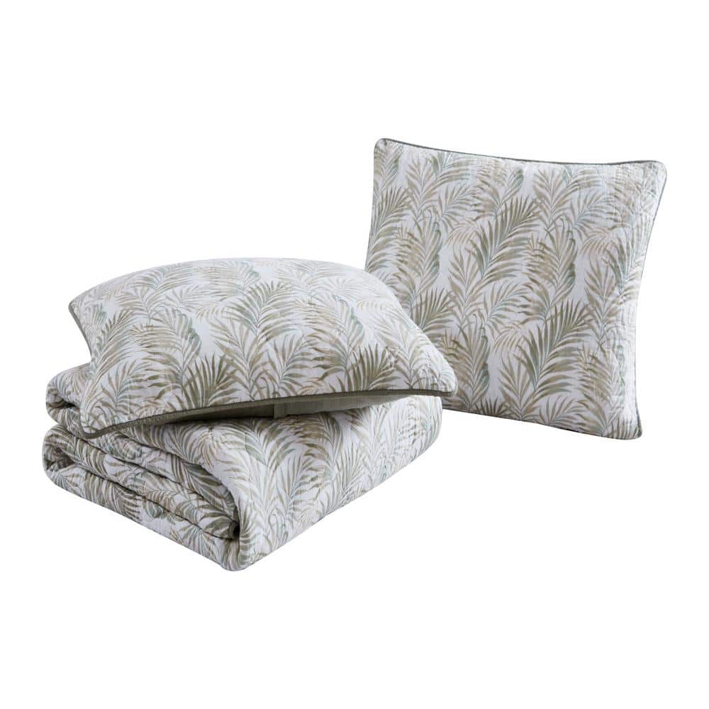 Reversible Sage Palm Motif White Cotton King Quilt Set