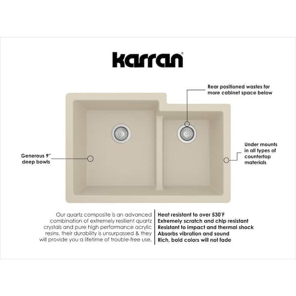 Karran 32 Undermount Quartz Composite Kitchen Sink, 60/40 Double Bowl, White, QU-610-WH-PK1