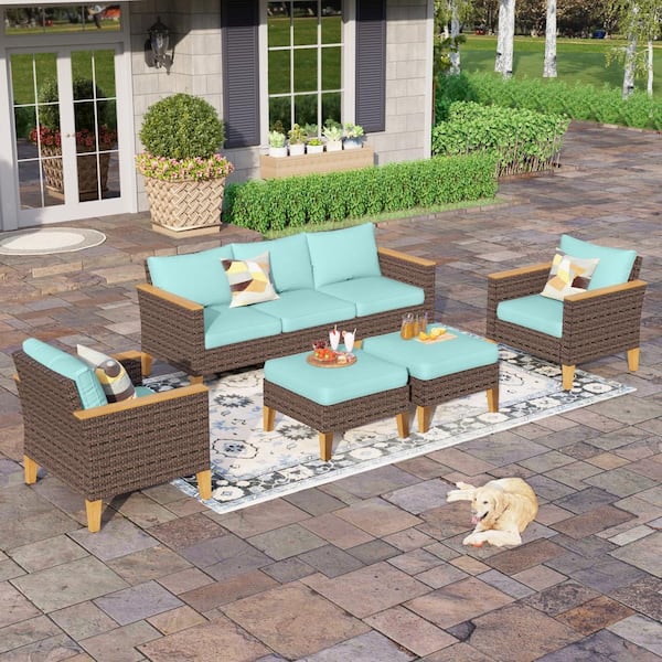 PHI VILLA Brown Rattan Wicker 7-Seat 7-Piece Steel Patio Outdoor Sectional Set with Blue Cushions