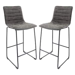 Brooklyn 29.9" Modern Leather Bar Stool With Black Iron Base & Footrest Set of 2 in Grey