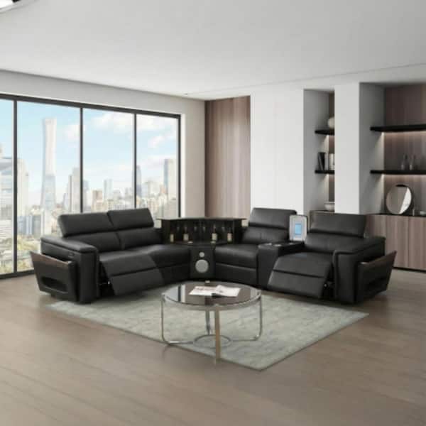 Black Modern Sectional – Power Recliners, Bluetooth, LED Bar, Fridge Console, USB & Wireless Charging