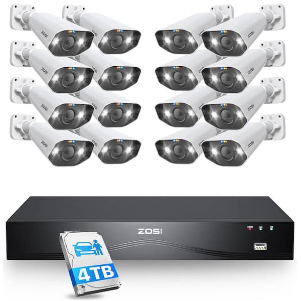 ZOSI 4K UHD 16-Channel(Up to 24CH) 4TB POE NVR Security System with 16 Wired 8MP Outdoor Bullet Cameras, Dual-Disk Backup