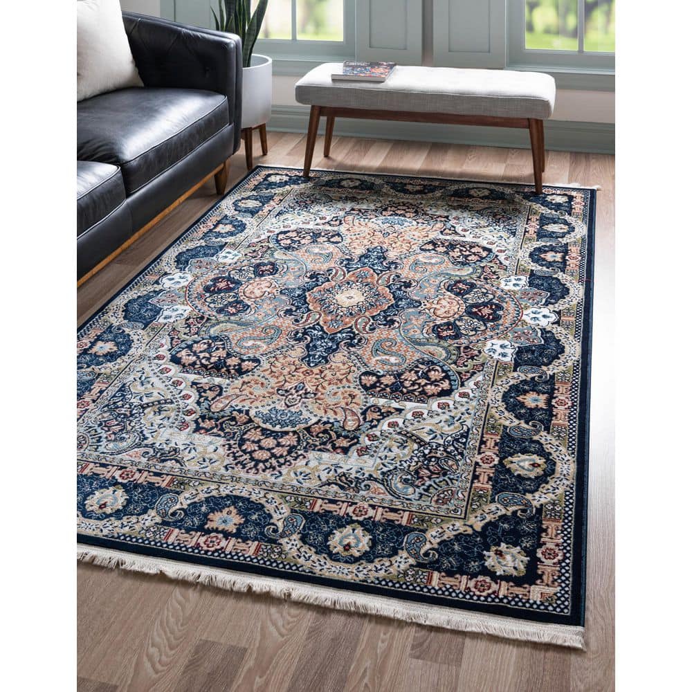 Navy Blue Floral Elegance 8' x 10' Synthetic Area Rug