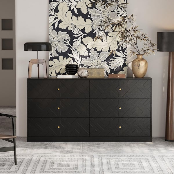 FUFU&GAGA Black Embossed 6-Drawer 63 in. Dresser with Gold