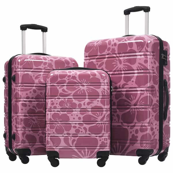 3 Bags 3-Piece Pink Purple ABS+PC Hardshell Spinner Luggage Set with TSA Lock, Side Bumper Feet, Reinforced Grip Handle