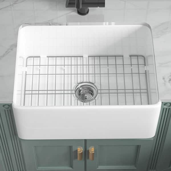Farmhouse Sink 24 in. Fireclay Farmhouse Kitchen Sink Apron Front Single Bowl Fireclay Sink in White with Grid and Drain