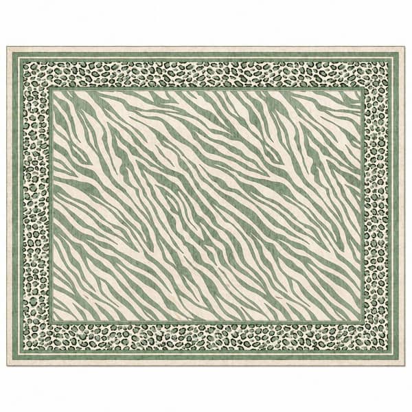9ft. x 12 ft. Light Green Washable Soft Pear, Plush Jungle Border Pattern, Foldable, Non-Slip Backing, for Home Area Rug
