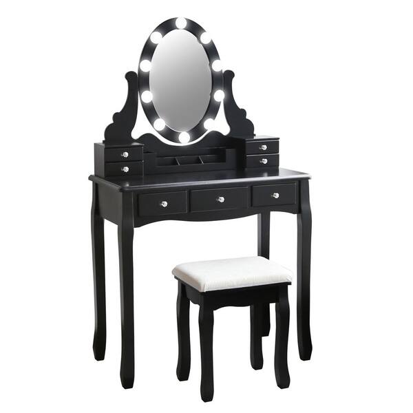Unbranded Brown Wooden Makeup Vanity Sets for Girls with Oval Mirror and Stool