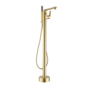 Single-Handle Modern Floor Mount Freestanding Bathtub Faucet with Handheld Shower in Brushed Gold